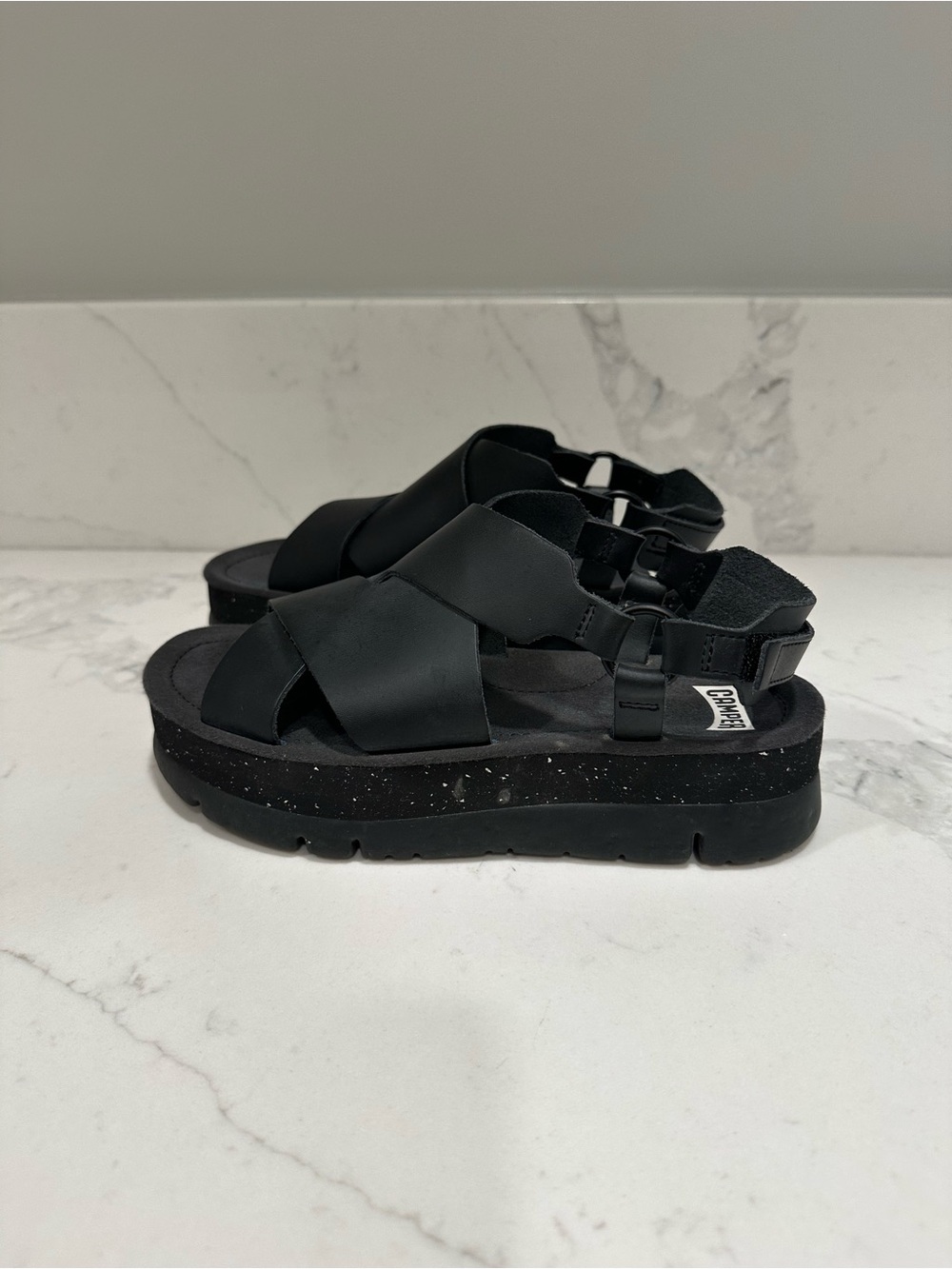Camper Black Crisscross Platform Sandals with Adjustable Back Strap